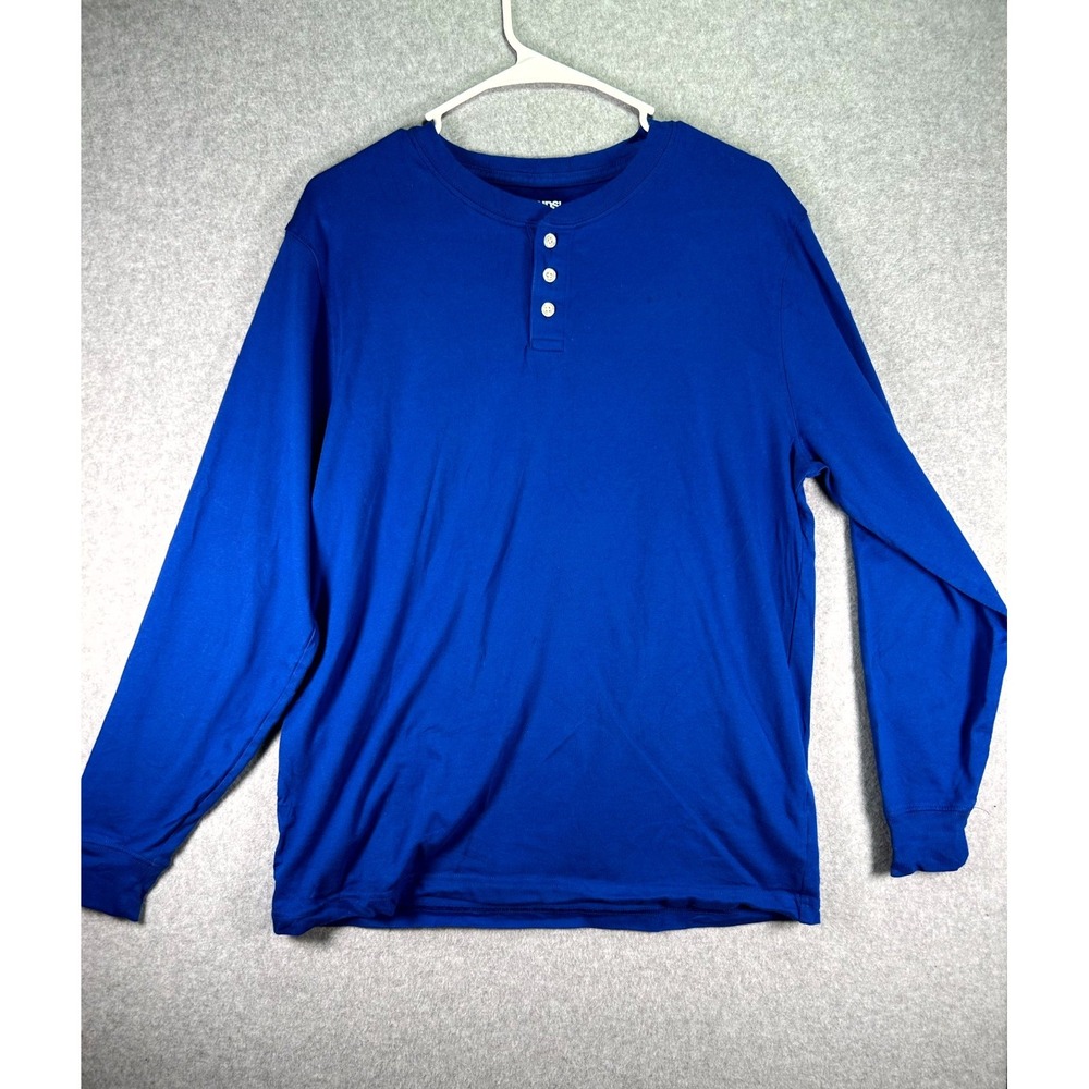 Lands' End Super Henley Shirt Mens Medium Blue Cotton Casual Wear Long Sleeve
